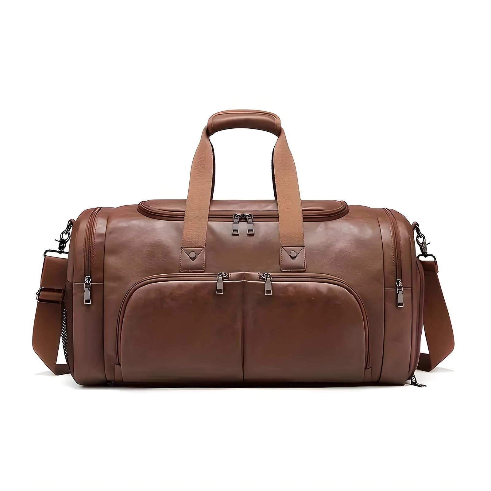 Brown leather duffel bag with dual handles, adjustable shoulder strap, and multiple zippered compartments. Stylish travel accessory for men and women.