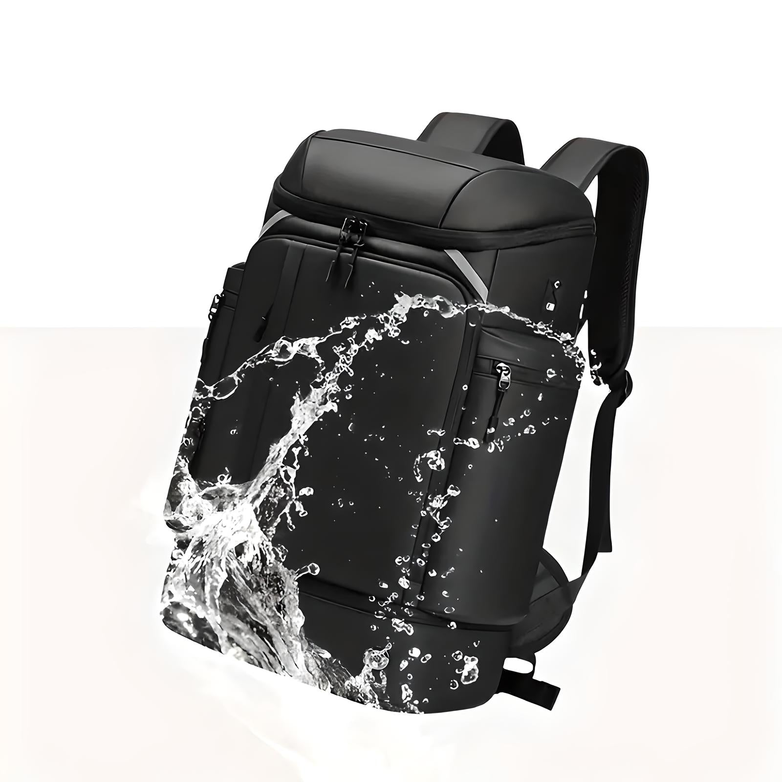 Waterproof black backpack with splash-resistant design, multiple compartments, and ergonomic straps. Ideal for travel, hiking, and outdoor activities.