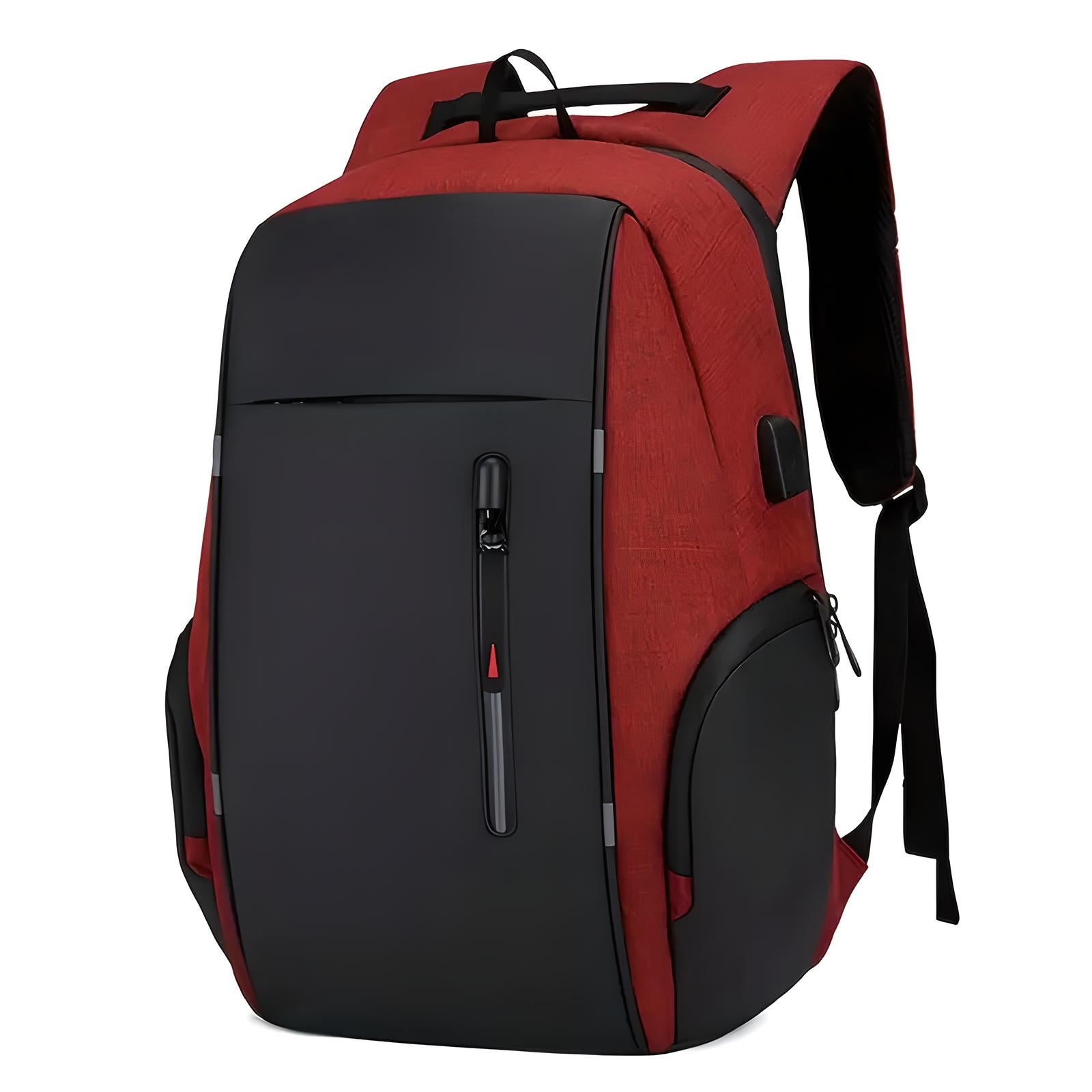 Red and black anti-theft backpack with USB charging port, ergonomic design, multiple compartments, ideal for travel, school, and business use.