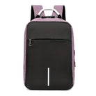 Sleek black and purple anti-theft backpack with USB charging port, front zipper pocket, and ergonomic straps. Ideal for travel and daily use.