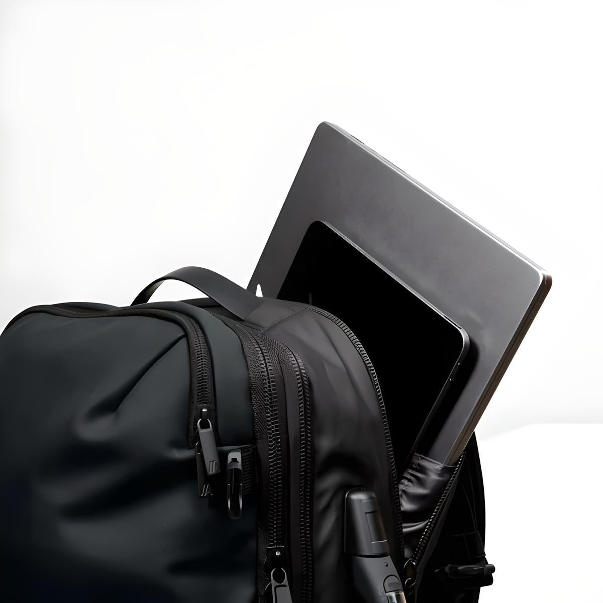 Black backpack with laptop and tablet in main compartment, showcasing tech-friendly design. Ideal for travel, work, and school. Durable and stylish.