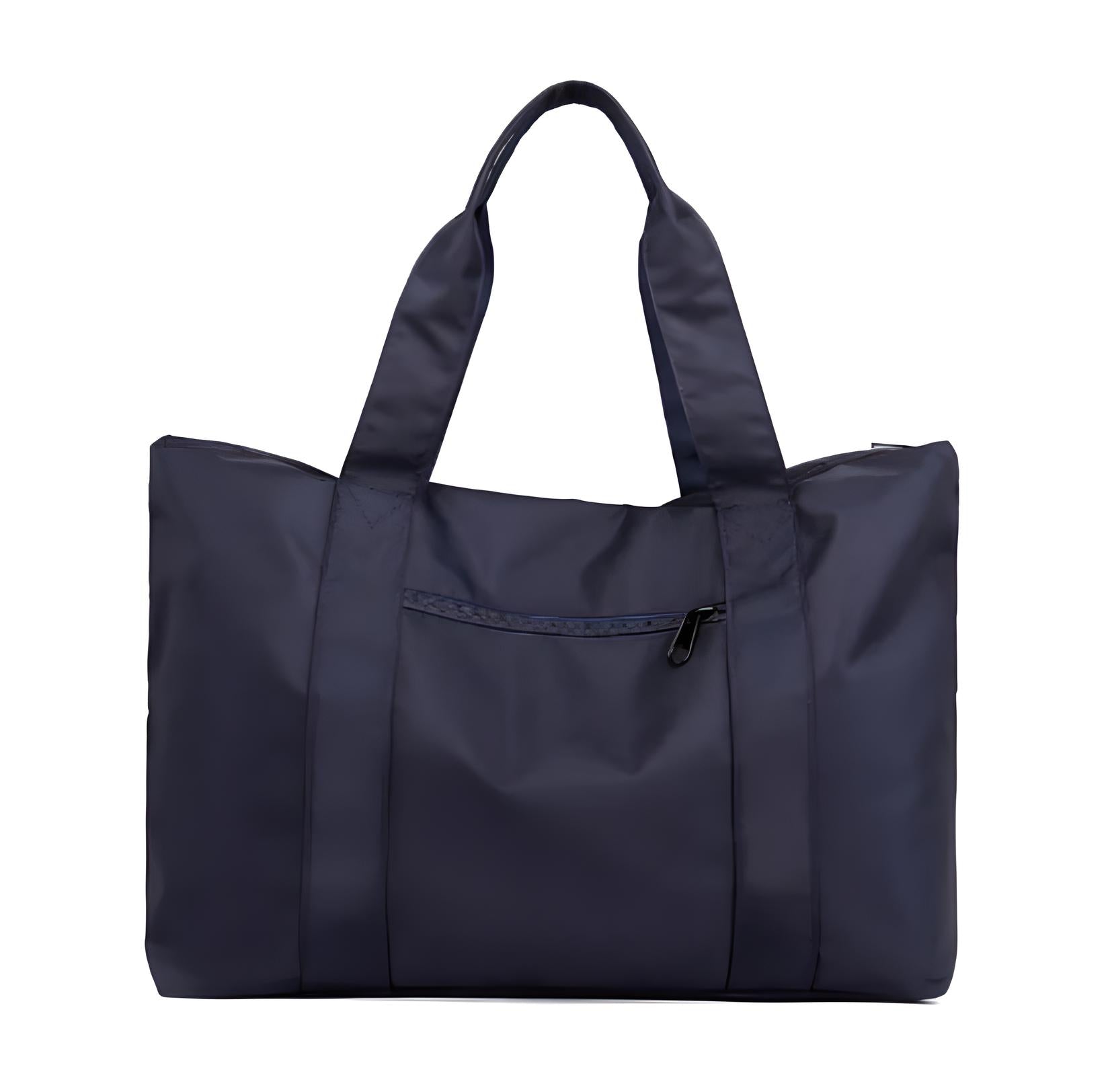 Sleek black tote bag with durable handles and front zipper pocket, perfect for travel or daily use. Stylish, spacious, and versatile accessory.