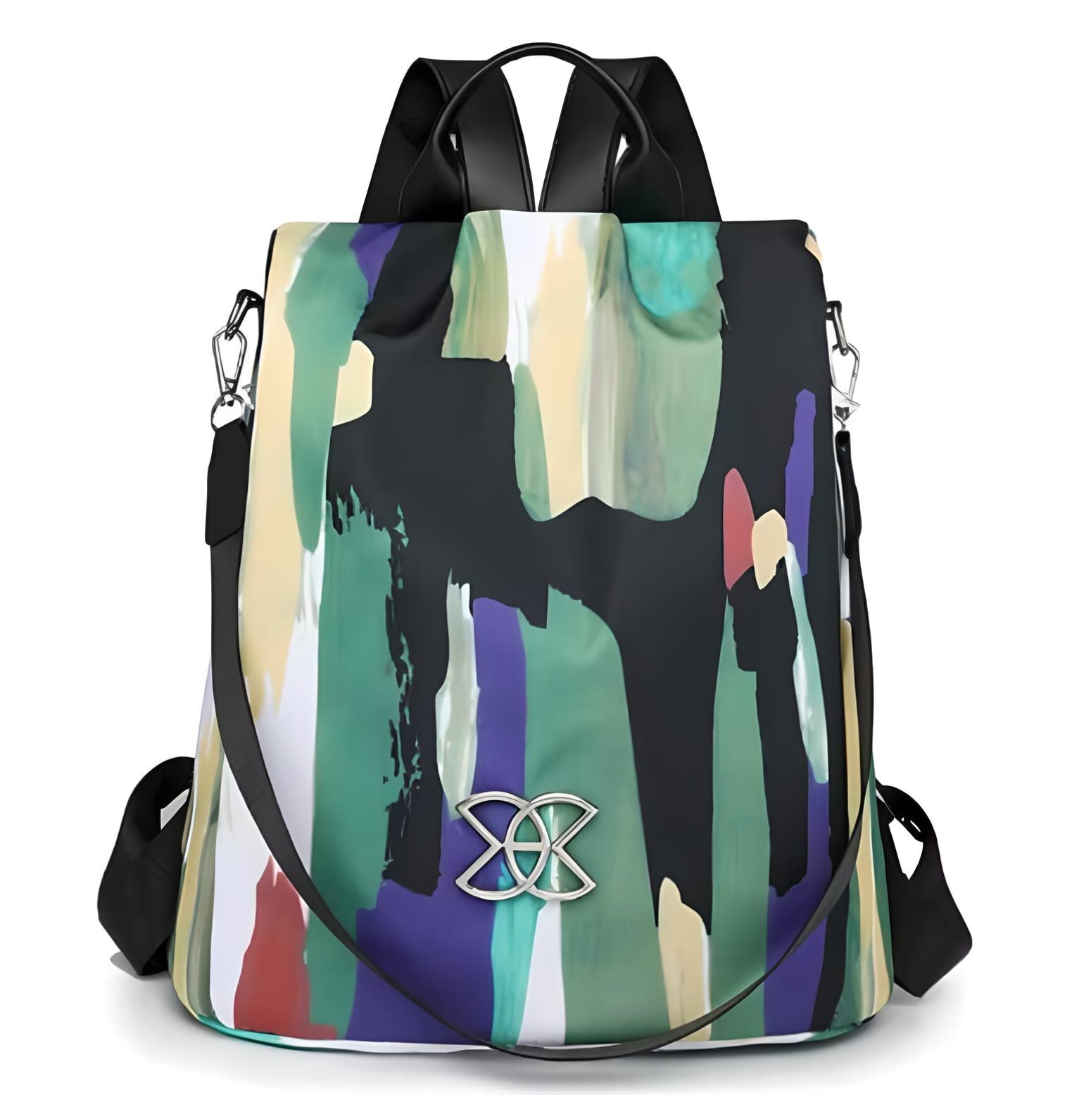 Colorful abstract backpack with artistic brushstroke design, featuring adjustable straps and a silver logo. Perfect for fashion-forward travel.