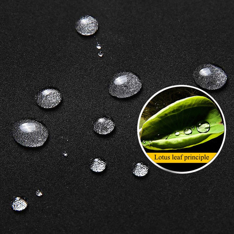 Water-repellent fabric with lotus leaf effect, black material, hydrophobic technology demonstration.
