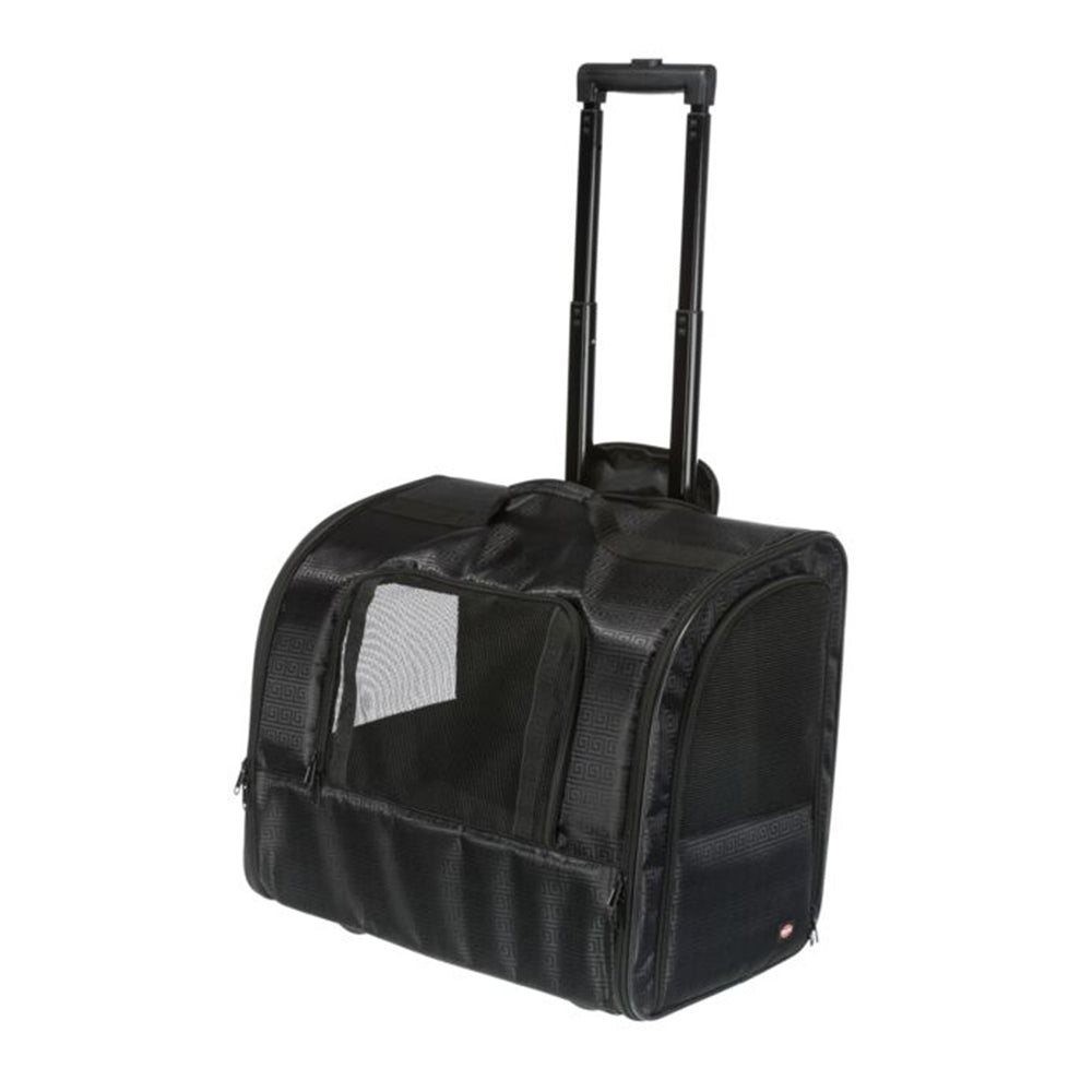 Black rolling pet carrier with mesh windows, telescopic handle, and durable fabric. Ideal for travel, pet transport, and airline-approved pet carrier.