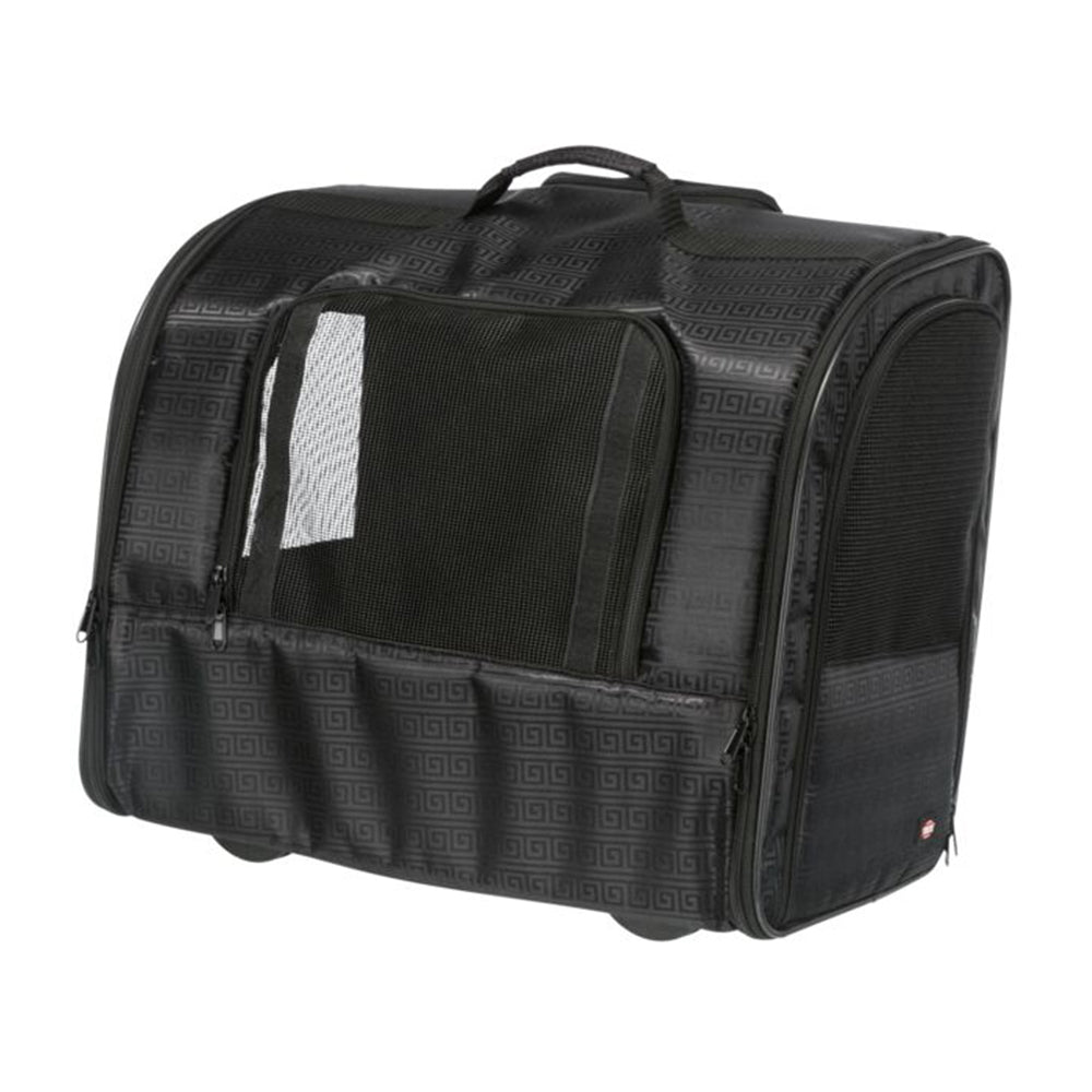 Black pet carrier with mesh windows, durable fabric, and zippered pockets. Ideal for travel, pet transport, and airline-approved pet bag.