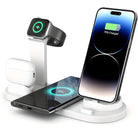 4-in-1 wireless charging station for iPhone, Apple Watch, AirPods, and Samsung Galaxy. Fast charging dock with sleek design for multiple devices.