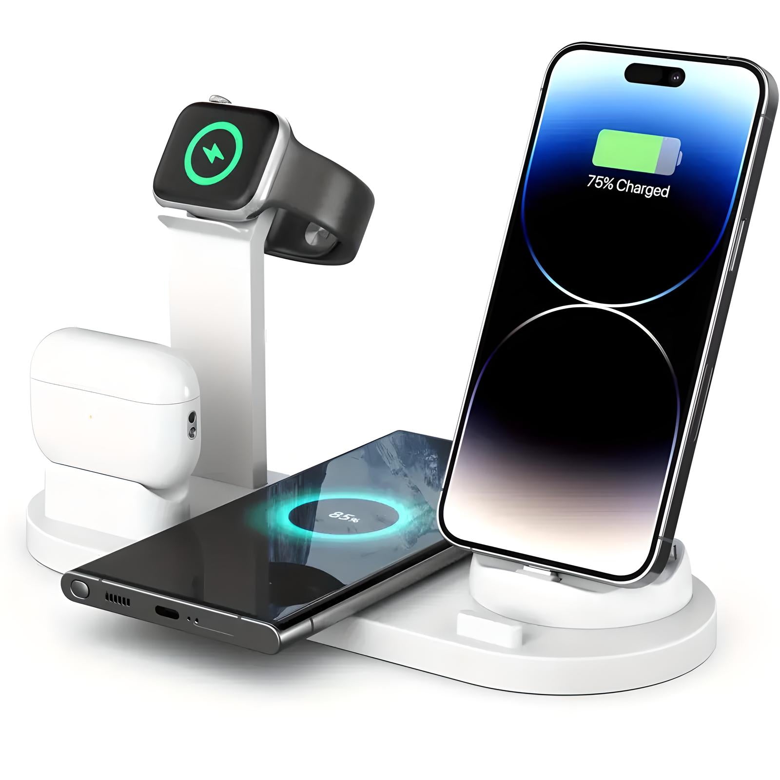 4-in-1 wireless charging station for iPhone, Apple Watch, AirPods, and Samsung Galaxy. Fast charging dock with sleek design for multiple devices.