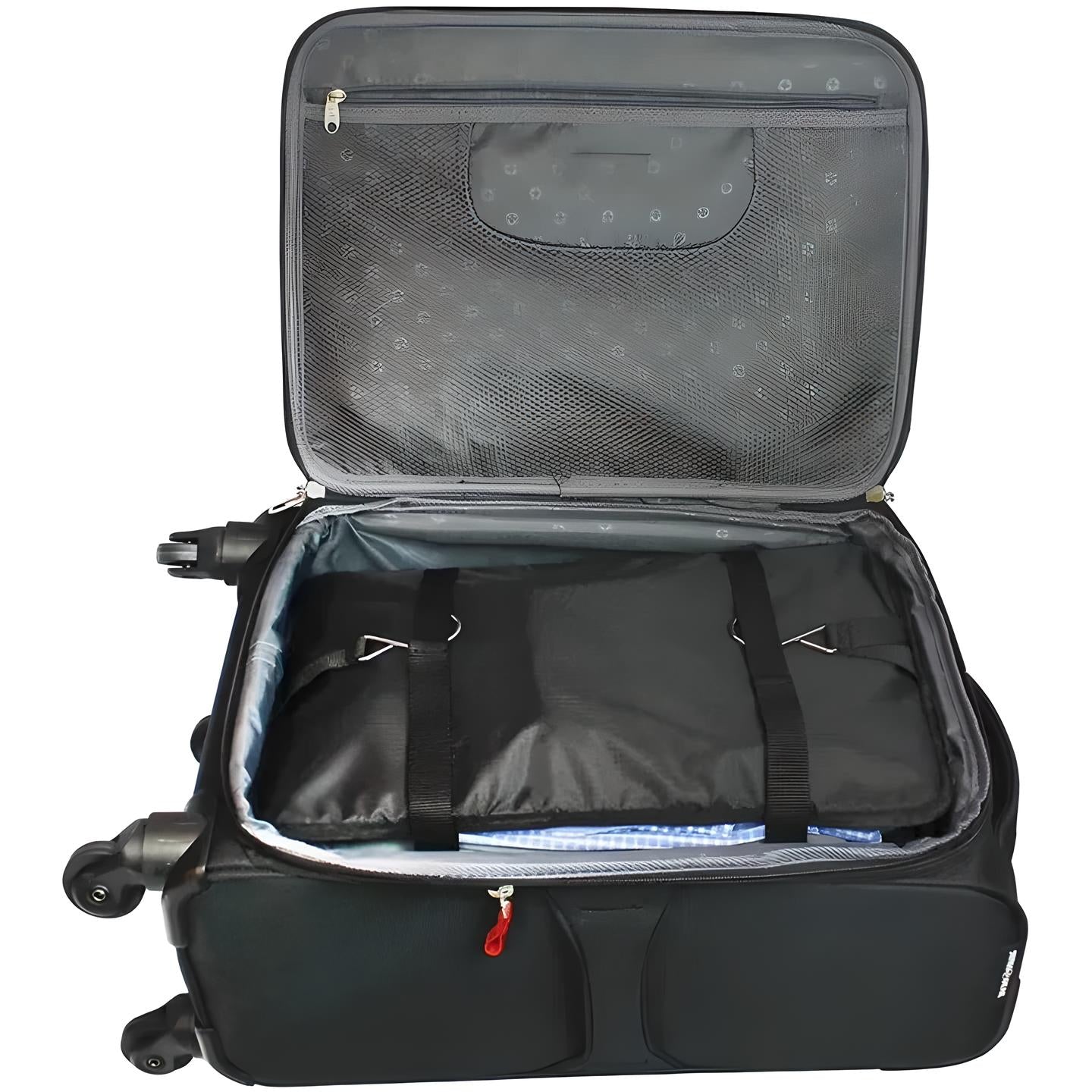 Open black suitcase with wheels, featuring spacious interior, adjustable straps, and zippered compartments. Ideal for travel and luggage storage.