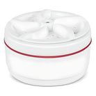 White plastic salad spinner with red accent, featuring a round design and ergonomic handle. Ideal for kitchen use, drying lettuce and greens efficiently.