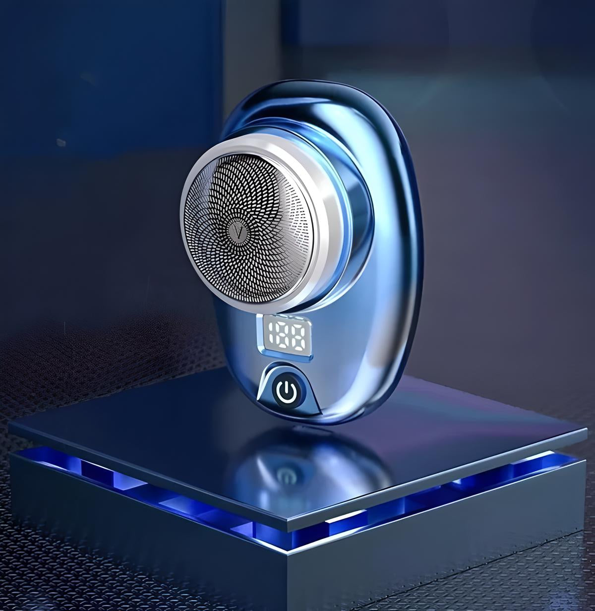 Futuristic blue electric shaver with digital display on a sleek charging base, featuring a modern design and advanced grooming technology.