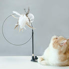 Cat playing with interactive feather toy on stand, featuring a circular wire design. Perfect for pet entertainment and exercise.