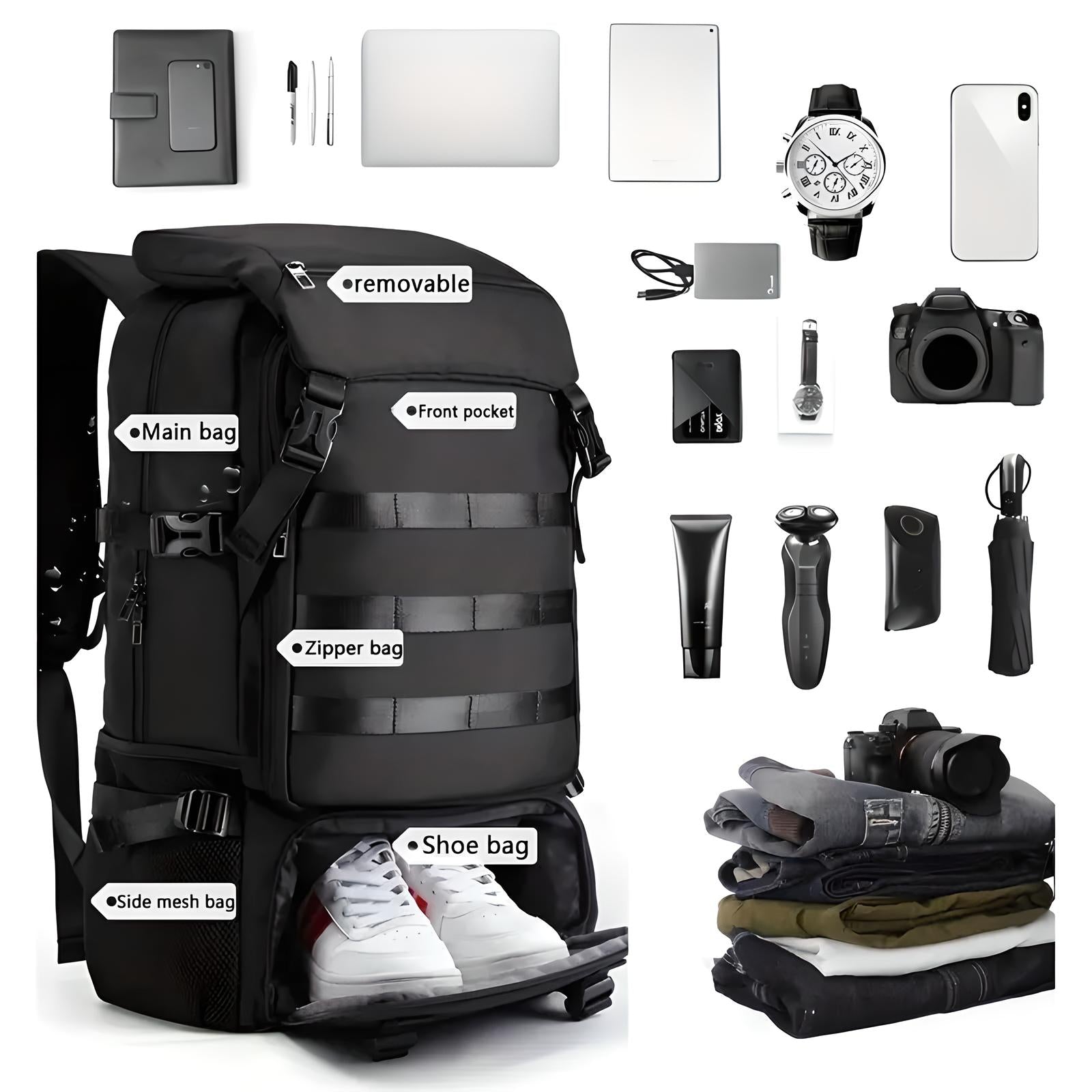 Versatile black travel backpack with labeled compartments, including shoe bag and front pocket, surrounded by travel essentials like camera and laptop.