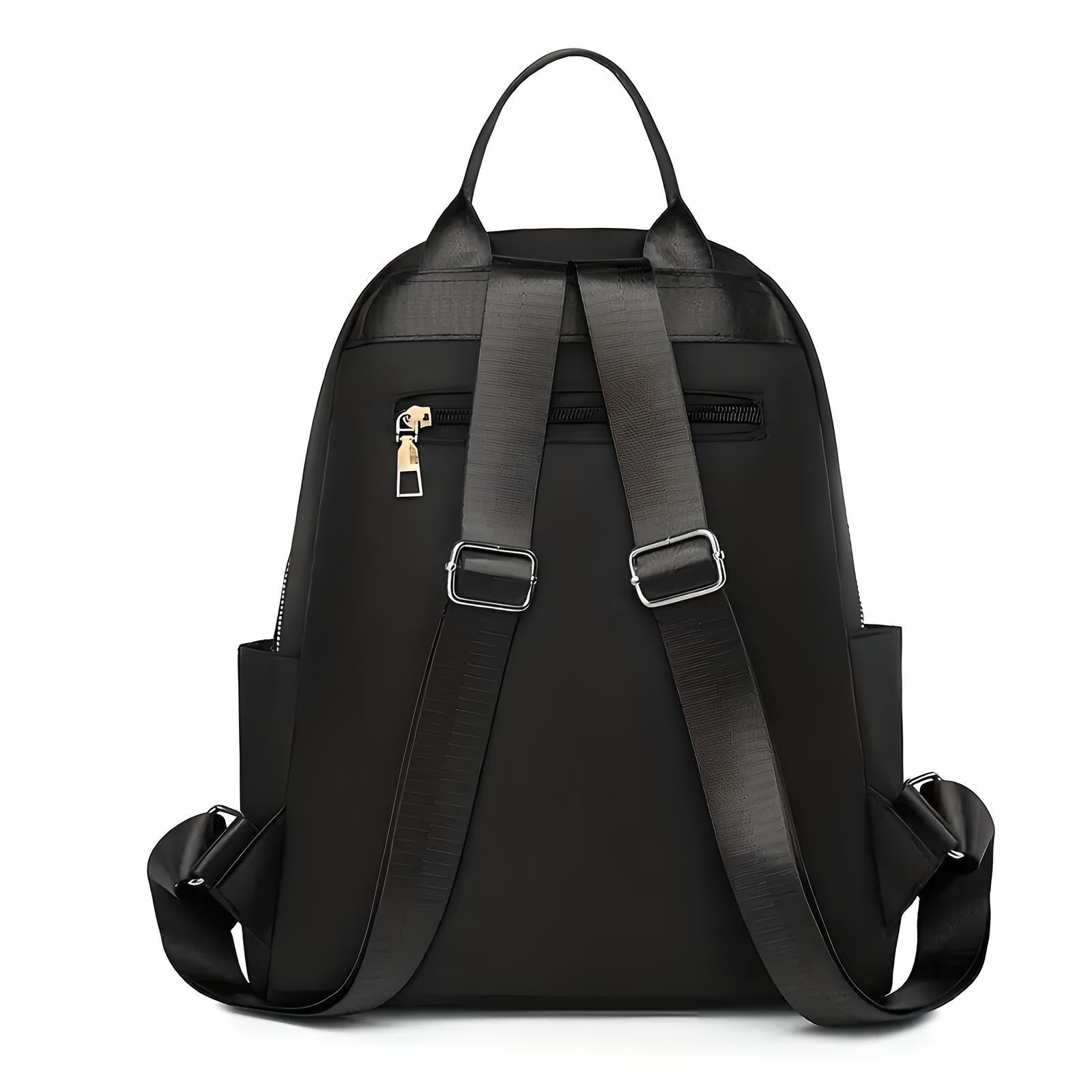 Sleek black leather backpack with adjustable straps, front zipper pocket, and gold-tone lock. Stylish and functional for travel or daily use.