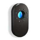 Sleek black smart home security camera with blue lens, featuring multiple infrared sensors for night vision. Modern design, wall-mounted.