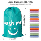 Large teal laundry bag with "wash me" text, 80L-120L capacity, next to a stack of colorful towels. Ideal for home organization and storage.