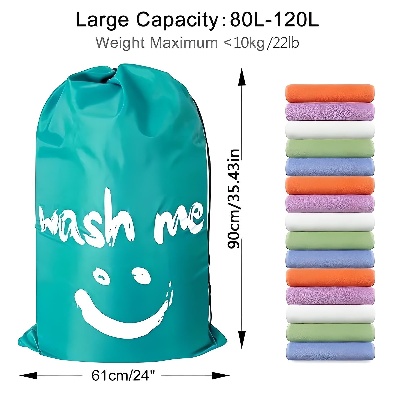 Large teal laundry bag with "wash me" text, 80L-120L capacity, next to a stack of colorful towels. Ideal for home organization and storage.