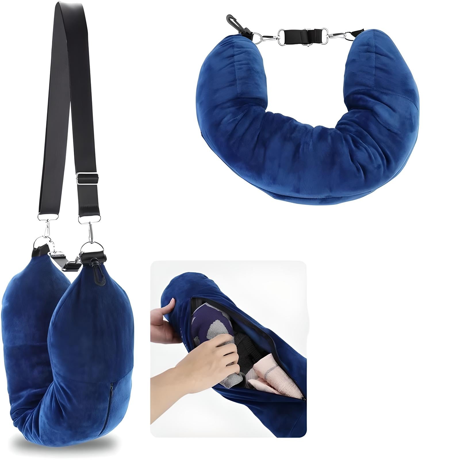 Blue travel neck pillow with adjustable strap, featuring a zippered pocket for storage. Ideal for comfortable travel and convenient accessory storage.