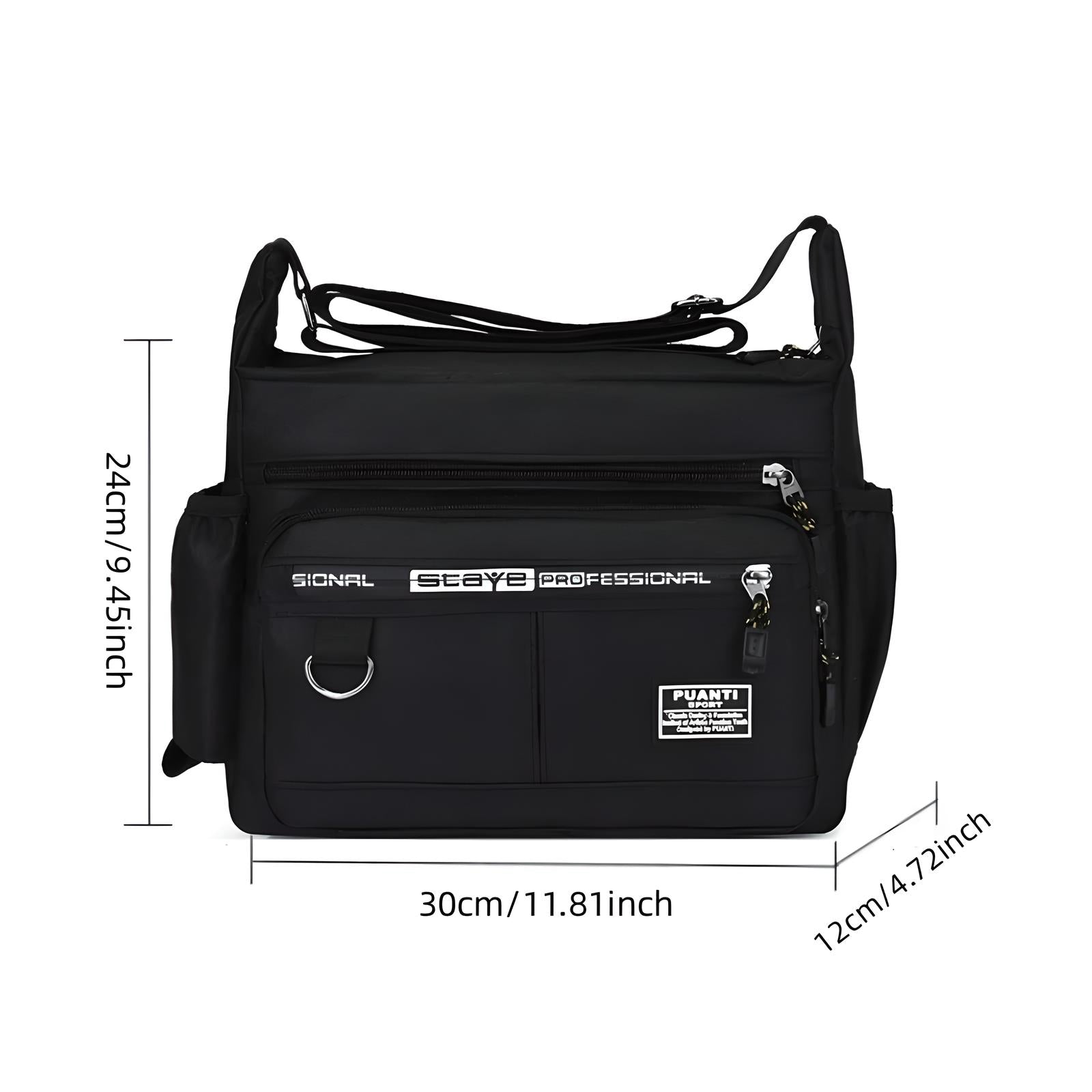 Black professional messenger bag with multiple zippered compartments, adjustable strap, and dimensions: 30cm x 24cm x 12cm. Ideal for travel and work.