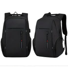 Sleek black anti-theft backpack with USB charging port, ergonomic design, and multiple compartments. Ideal for travel, work, and school.