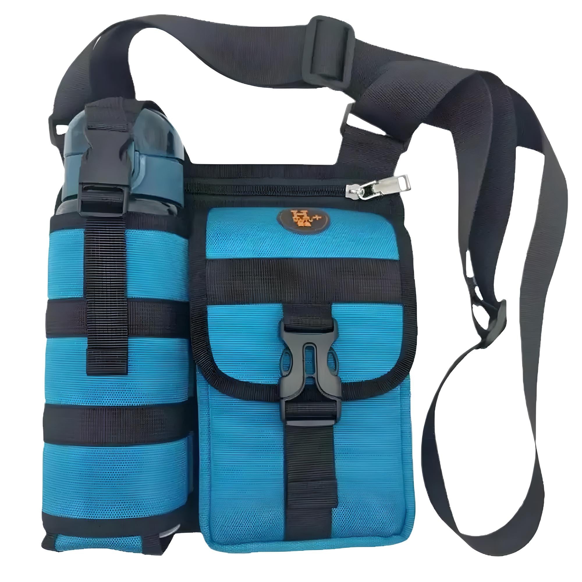 Blue tactical shoulder bag with water bottle holder, adjustable strap, and secure buckle closure. Ideal for outdoor activities and travel gear.