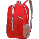 Red backpack with front zipper pocket, mesh side pockets, and adjustable straps. Ideal for travel, hiking, or school. Durable and stylish design.