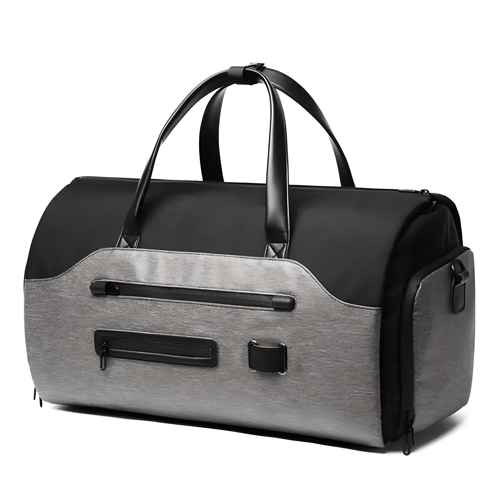 Sleek black and gray duffel bag with leather handles, multiple zippered compartments, and modern design. Perfect for travel, gym, or weekend trips.