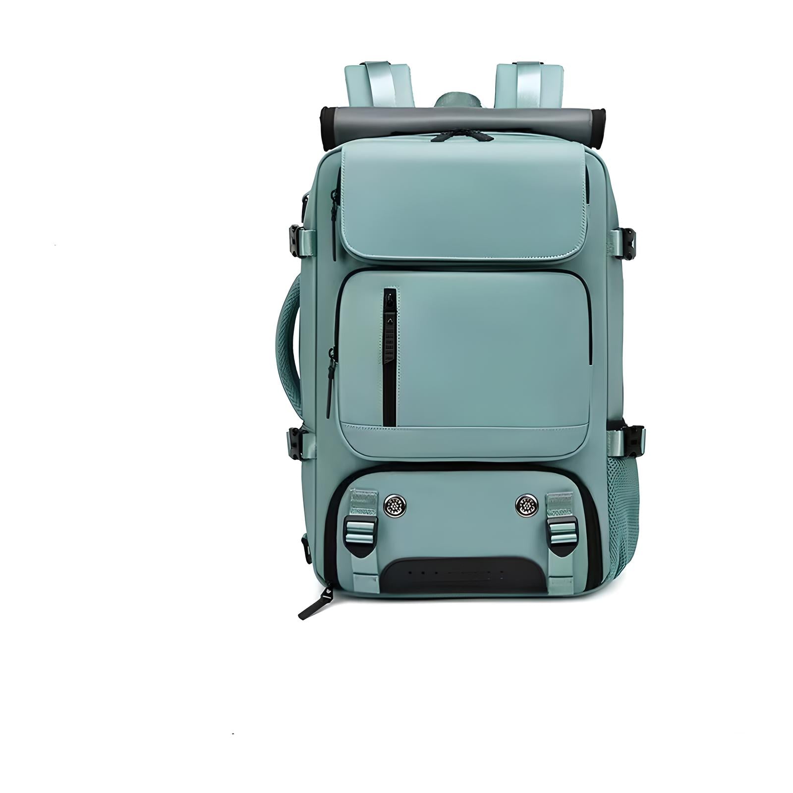 Sleek teal backpack with multiple compartments, adjustable straps, and durable design. Ideal for travel, school, or outdoor activities. Stylish and functional.