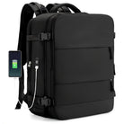 Sleek black travel backpack with USB charging port, spacious compartments, and adjustable straps. Ideal for tech-savvy travelers and commuters.