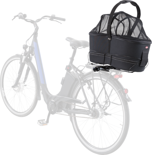 Bicycle with rear-mounted black pet carrier, mesh top, and sturdy handles. Ideal for pet transport, cycling accessories, and outdoor adventures.