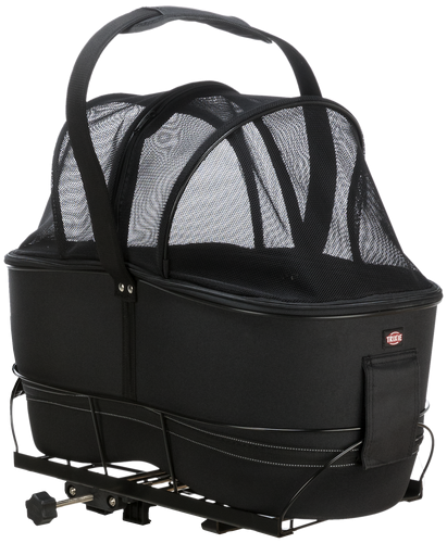 Black pet stroller with mesh canopy, durable frame, and storage pocket. Ideal for small dogs or cats. Portable pet carrier for travel and outdoor use.