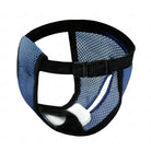 Blue mesh dog muzzle with adjustable straps and breathable design for comfortable pet training and safety. Ideal for small to medium-sized dogs.