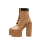 Tan high-heeled platform ankle boot with black collar, chunky block heel, and lace-up design. Women's fashion footwear, stylish and trendy.