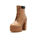 Tan high-heeled platform ankle boot with lace-up design and chunky sole, perfect for fashion-forward women's footwear. Trendy, stylish, durable.