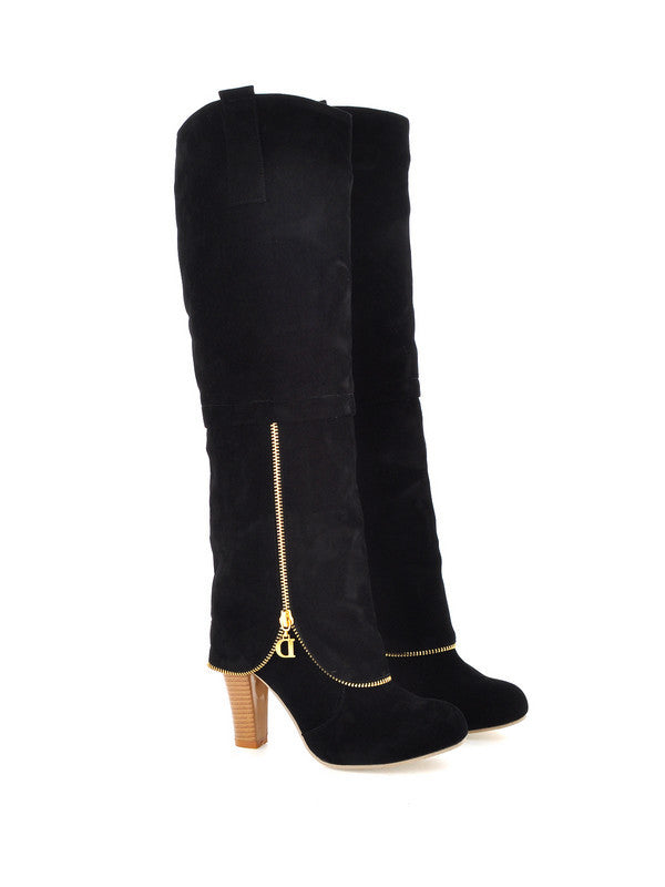 Black knee-high suede boots with gold zipper detail and wooden block heel, stylish women's footwear, perfect for fall fashion and casual wear.