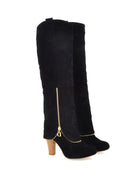 Black knee-high suede boots with gold side zippers and wooden block heels, stylish women's footwear, perfect for fall fashion and casual wear.