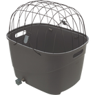 Large black plastic poultry feeder with wire cage top, designed for outdoor use. Durable, weather-resistant, ideal for chickens and other birds.