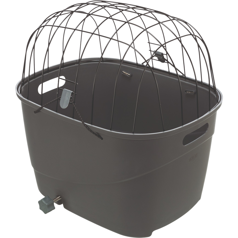 Large black plastic poultry feeder with wire cage top, designed for outdoor use. Durable, weather-resistant, ideal for chickens and other birds.