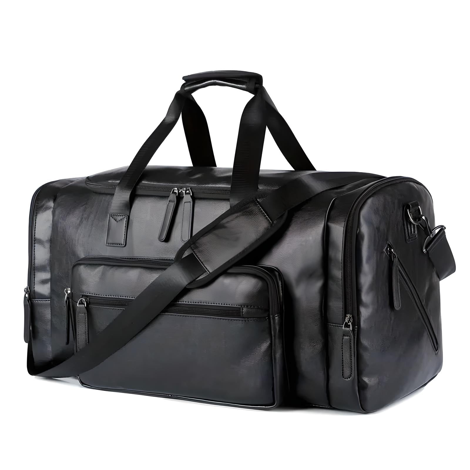 Sleek black leather duffel bag with multiple zippered compartments and adjustable shoulder strap, perfect for travel or gym use.