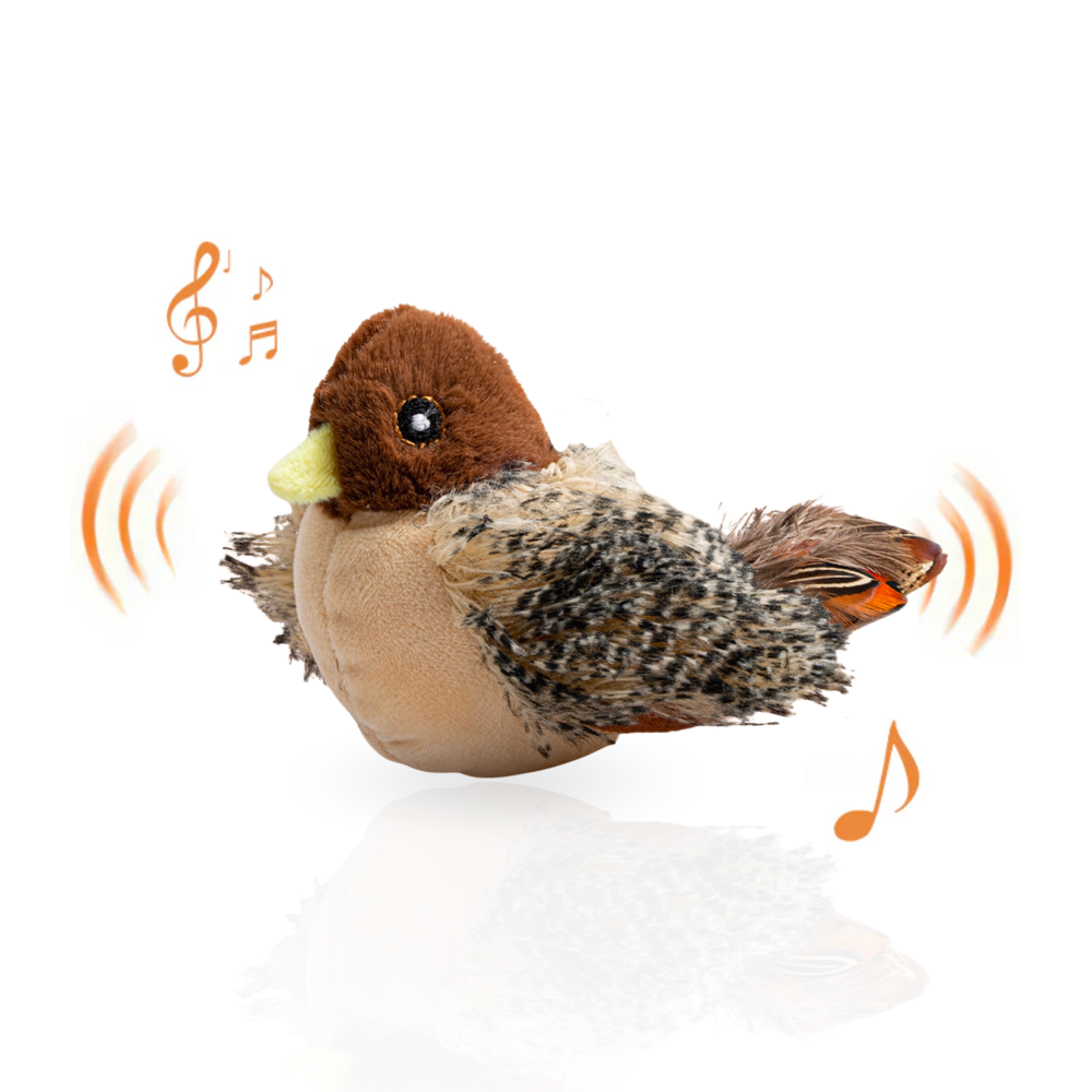 Plush singing bird toy with realistic feathers and musical notes, perfect for kids. Interactive stuffed animal, sound effects, gift idea.