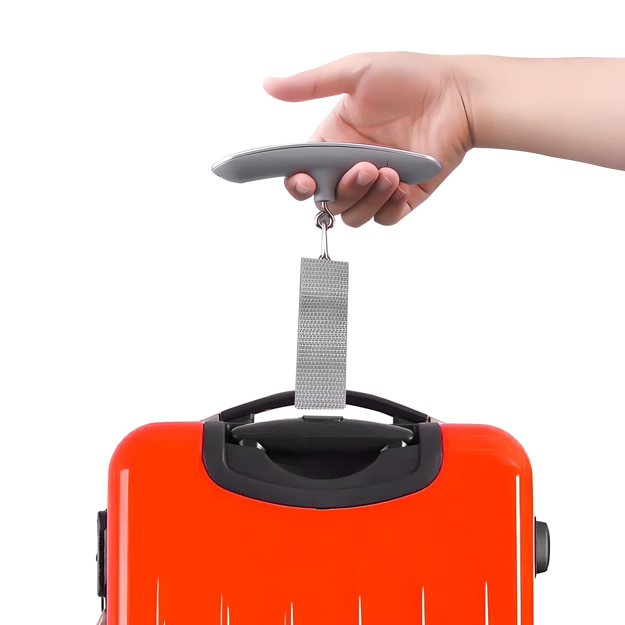 Hand holding a digital luggage scale weighing a red suitcase, travel essentials, portable baggage weight checker, accurate travel accessory.