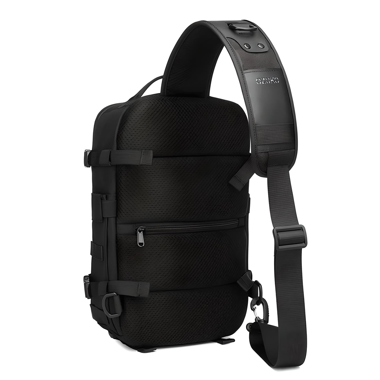 Sleek black crossbody sling bag with adjustable strap, multiple zippered compartments, and durable material. Ideal for travel, hiking, and daily use.