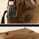 Brown leather backpack with side water bottle pocket, metal ring accents, and secure zipper closure. Ideal for travel, school, or work essentials.