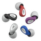 Colorful ergonomic earplugs in red, black, purple, and blue, designed for noise reduction and comfort. Ideal for sleep, travel, and work environments.