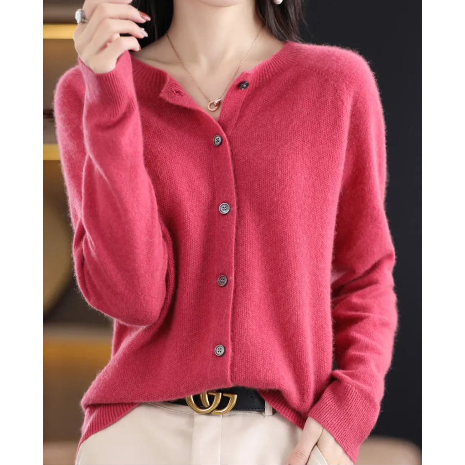 Pink cashmere cardigan sweater with buttons, women's fashion, cozy winter wear.