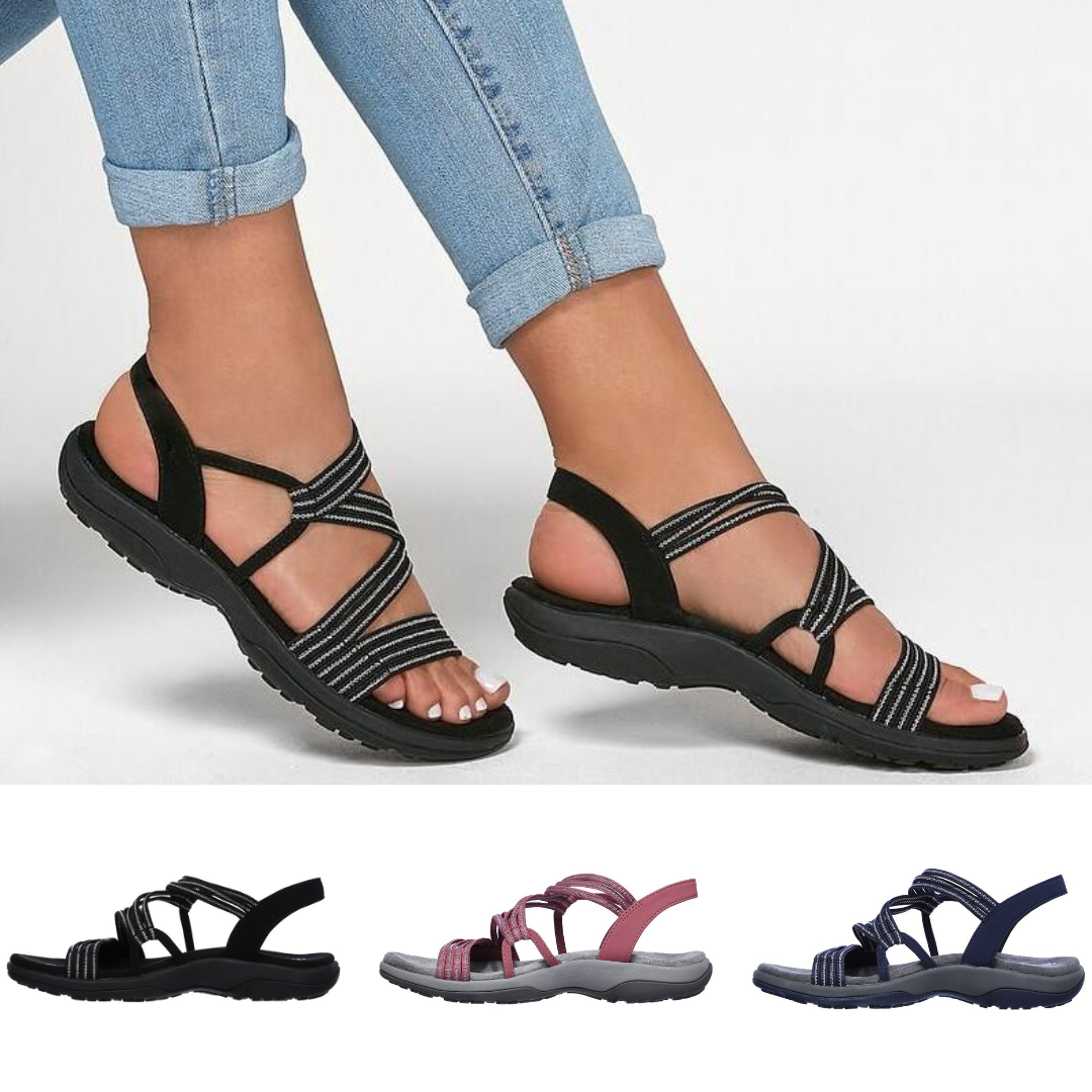 Women's strappy sandals with cushioned sole, shown in black, pink, and navy. Perfect for casual wear, offering comfort and style.