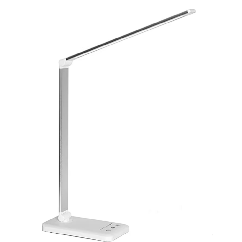 Sleek white LED desk lamp with adjustable arm, modern minimalist design, energy-efficient lighting, perfect for office or study, touch controls.