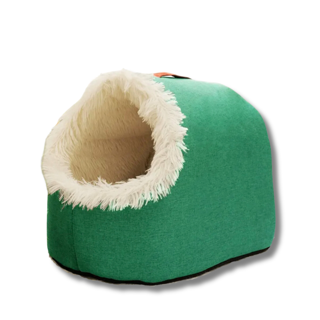 Green pet cave bed with plush white interior, cozy and stylish design, perfect for cats and small dogs. Ideal pet furniture for comfort and warmth.