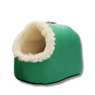 Green pet cave bed with plush white interior, cozy and stylish design, perfect for cats and small dogs. Ideal pet furniture for comfort and warmth.