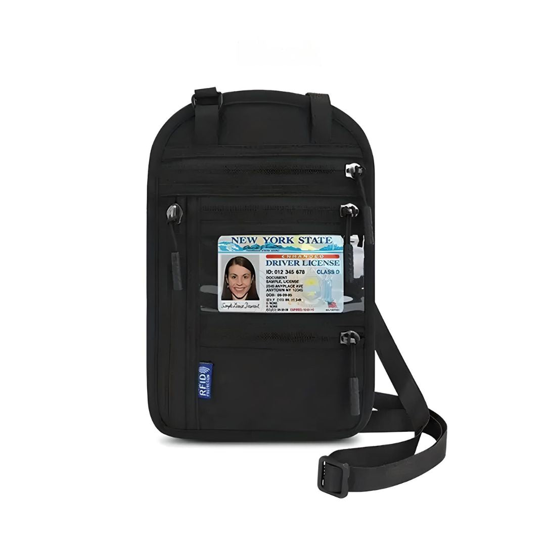 Black RFID travel neck wallet with visible New York State driver license, multiple zippered compartments, and adjustable strap for secure travel organization.